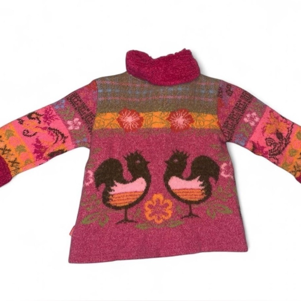 Oilily Pink orange wool folk chicken collared Floral Sweater cardigan age 3/4